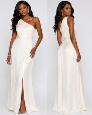 Chi Chi London Dress Womens Size 6 One Shoulder White Satin Chiffon Front Slit